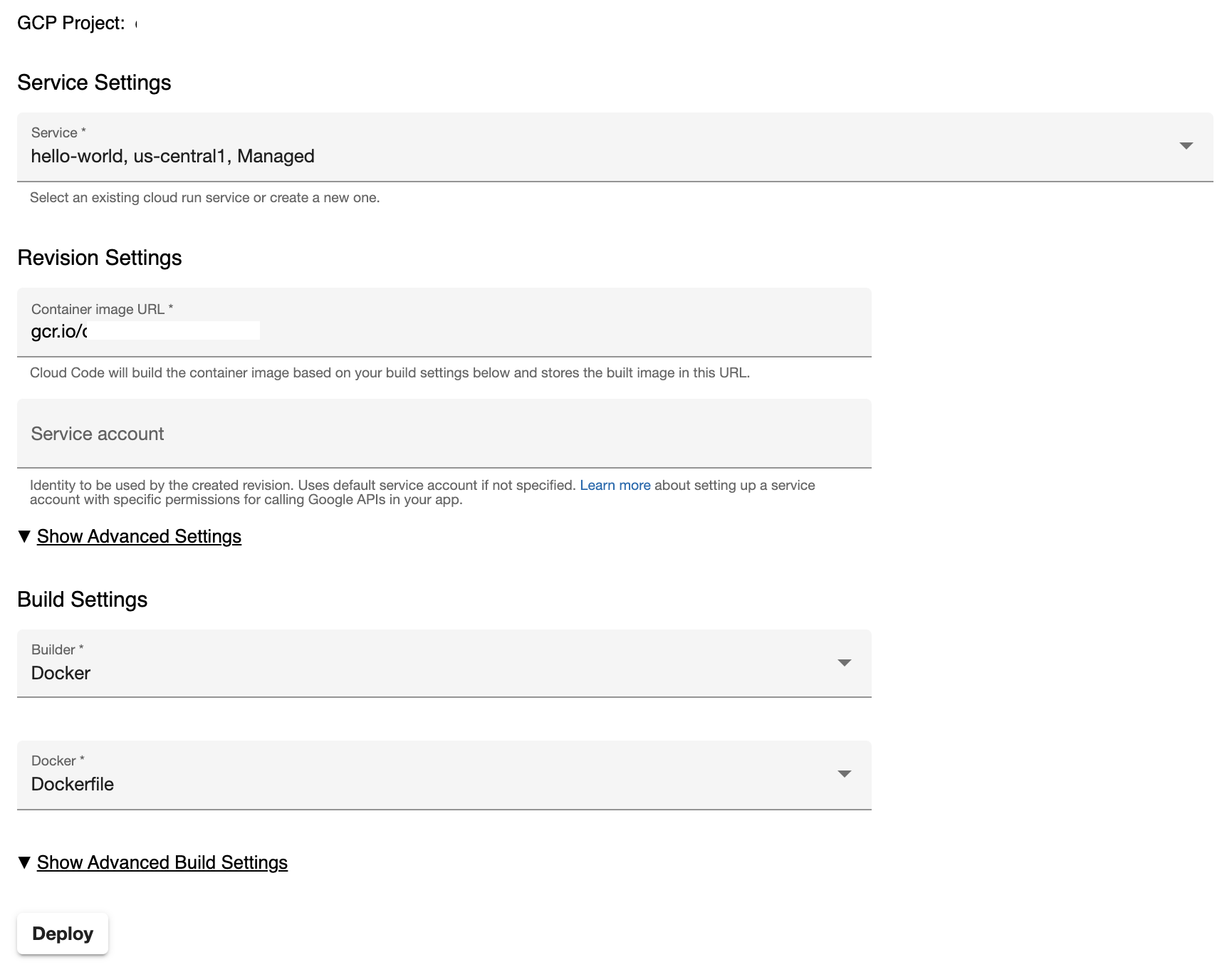 VS Code Cloud Run Deploy Page